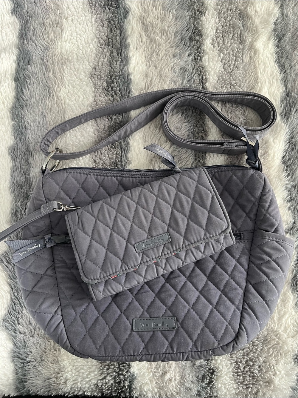 Vera Bradley Quilted Grey Crossbody/ Shoulder Bag and Matching Wallet Set